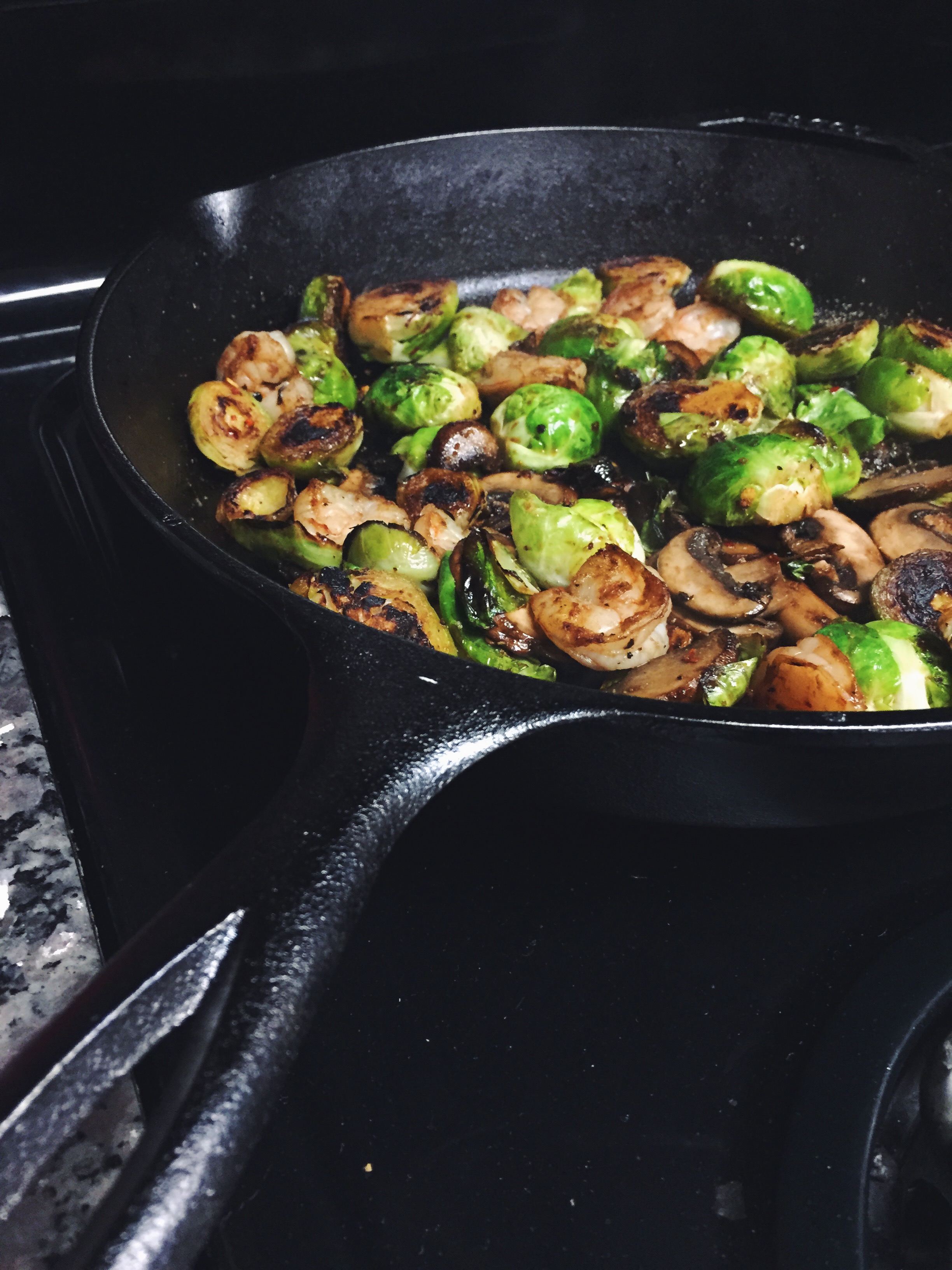 Cast-Iron Skillet Brussels Sprouts and Shrimp